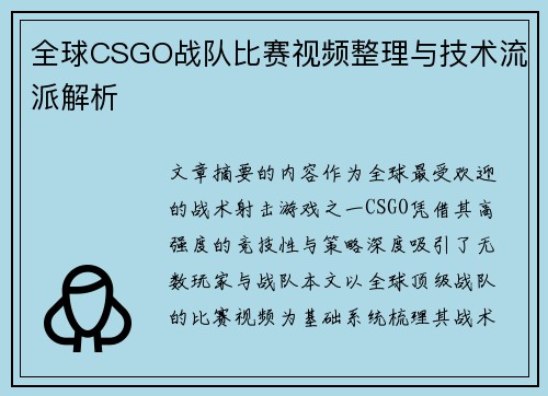 全球CSGO战队比赛视频整理与技术流派解析