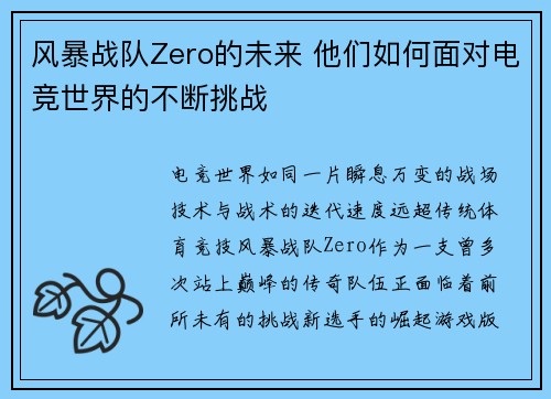 风暴战队Zero的未来 他们如何面对电竞世界的不断挑战